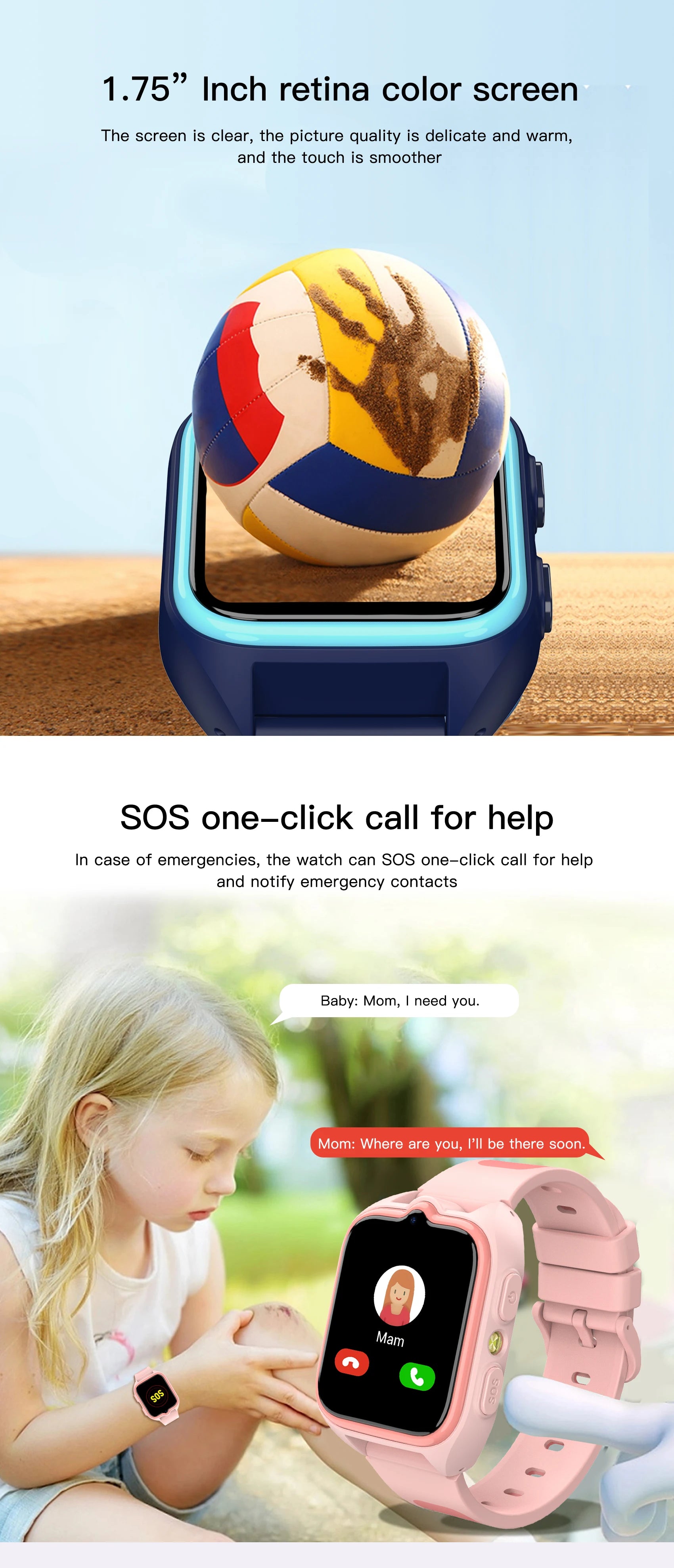 Blackview Z30 kids smartwatch by I YAN with GPS, LBS, WiFi, 4G video call, and AI positioning, featuring a colorful screen and band.