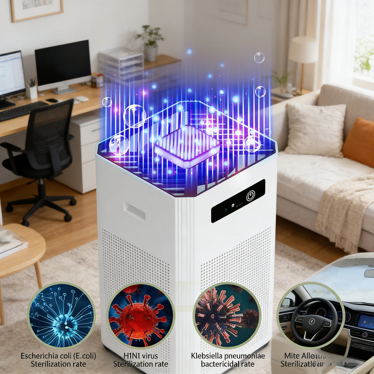 I YAN HEPA air purifier for home and bedroom with 360° intake, USB powered, low noise design, suitable for pets, pollen, and smoke.