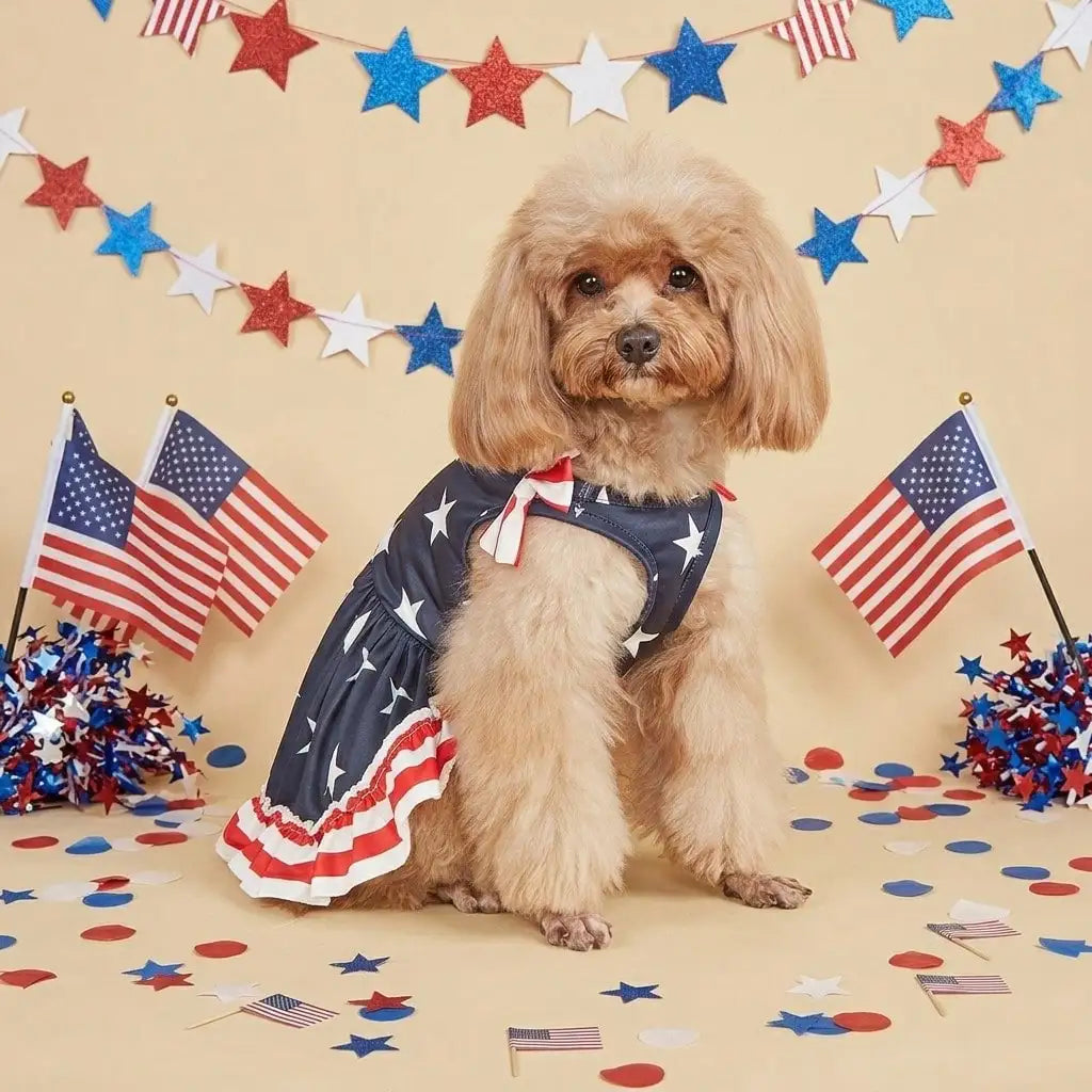 1pc Pet Dog Dress, 4th Of July Themed Striped Star & Double Bow Design, Suitable For Small/Medium Dogs & Cats, Independence Day Holiday Or Casual Wear, Fashionable Party Outfit