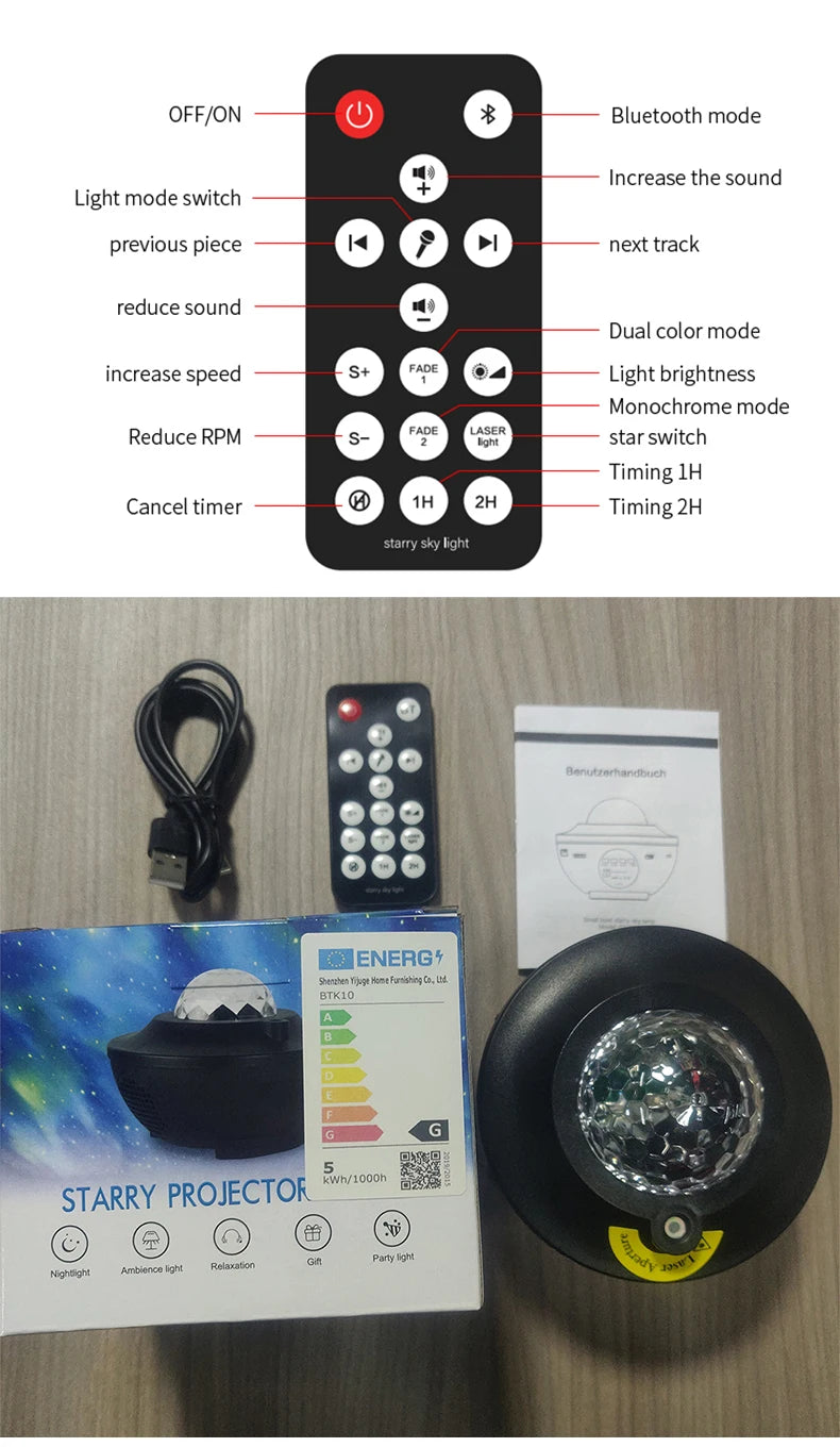 LED Starry Sky Projector Night Light Remote Control Switch USB Music Player Ocean Wave Galaxy Ambient Light Kids Birthday Gift