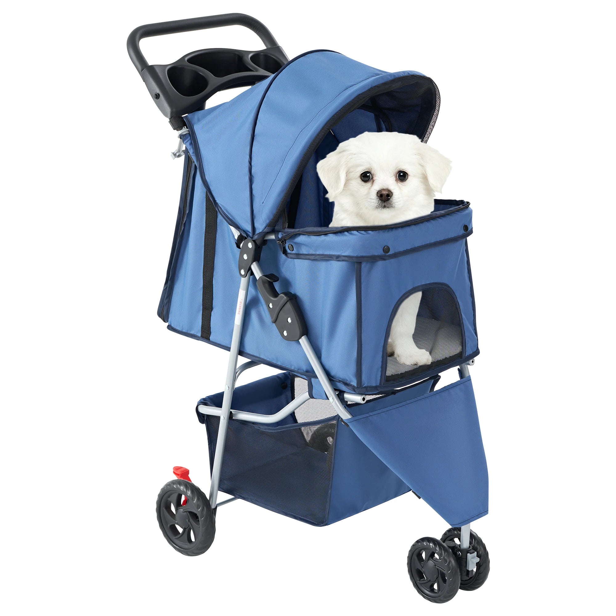I YAN JHK 3-wheel foldable pet stroller for small dogs and cats with mesh windows, storage basket, and cup holder for outdoor walks.