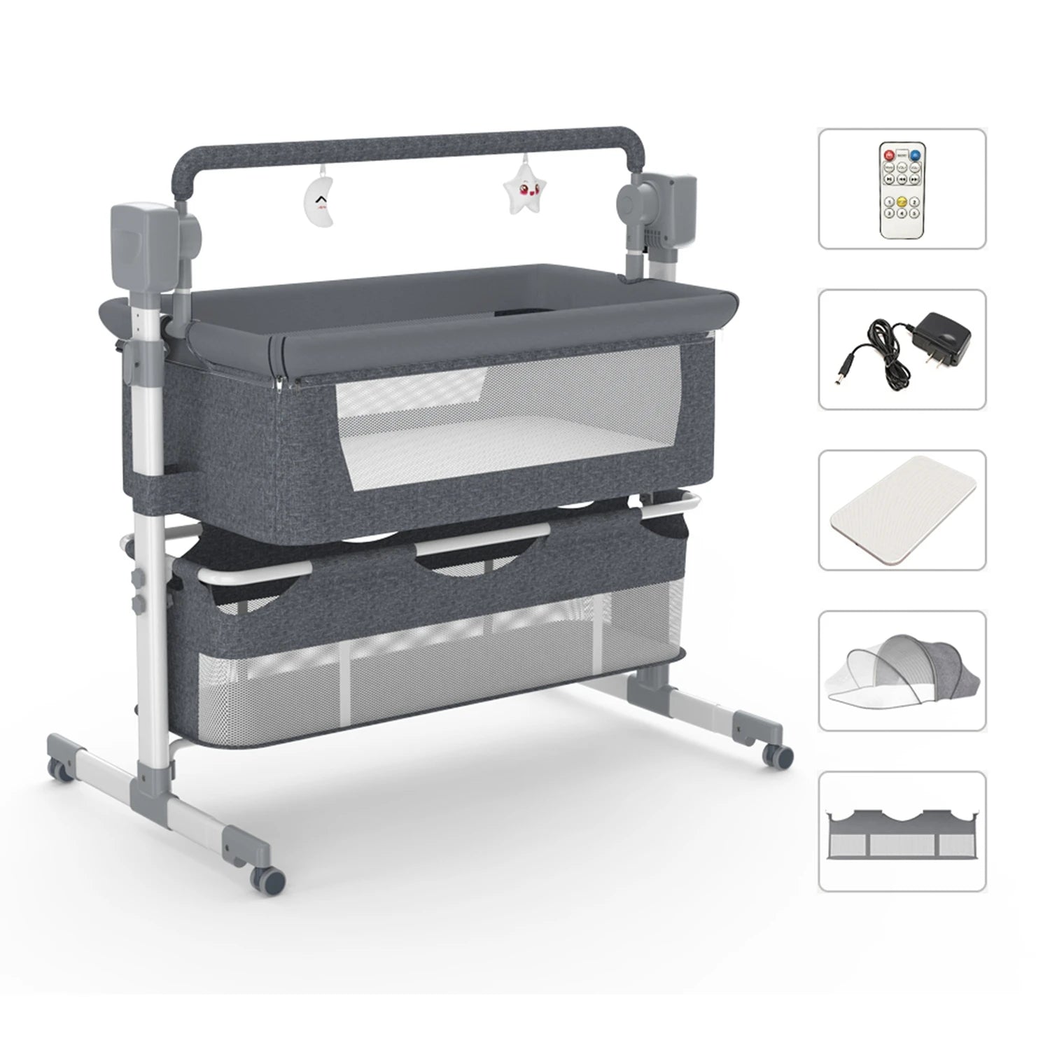 I YAN baby bassinet with automatic electric rocking, remote control, foldable travel design, suitable for newborns and co-sleeping.