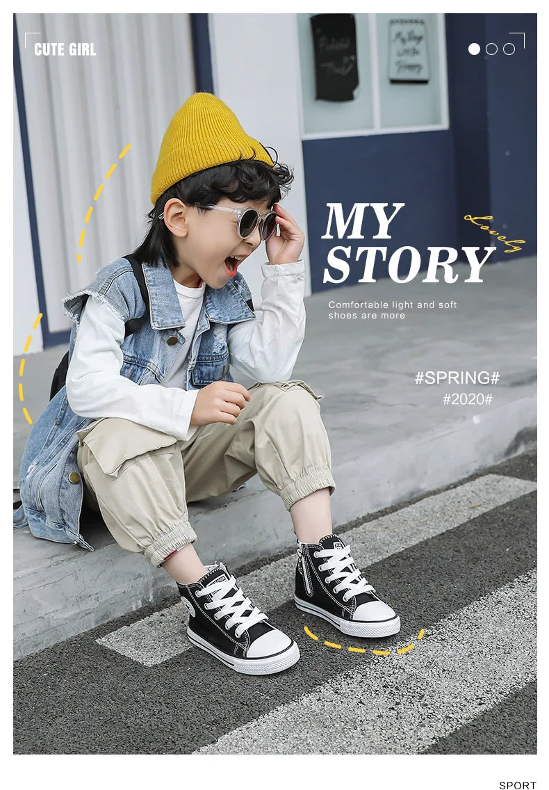 Children's High-Top Canvas Shoes Soft Bottom Comfortable Non-slip Casual Shoes Summer Simple Solid Color Lace-Up Canvas Shoes