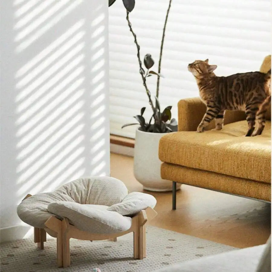 Wooden Elevated Cat Bed With Soft Cushion, Indoor Cat Hammock Lounge, Multi-Purpose Kitten Cradle, Modern Cat Sofa For Living