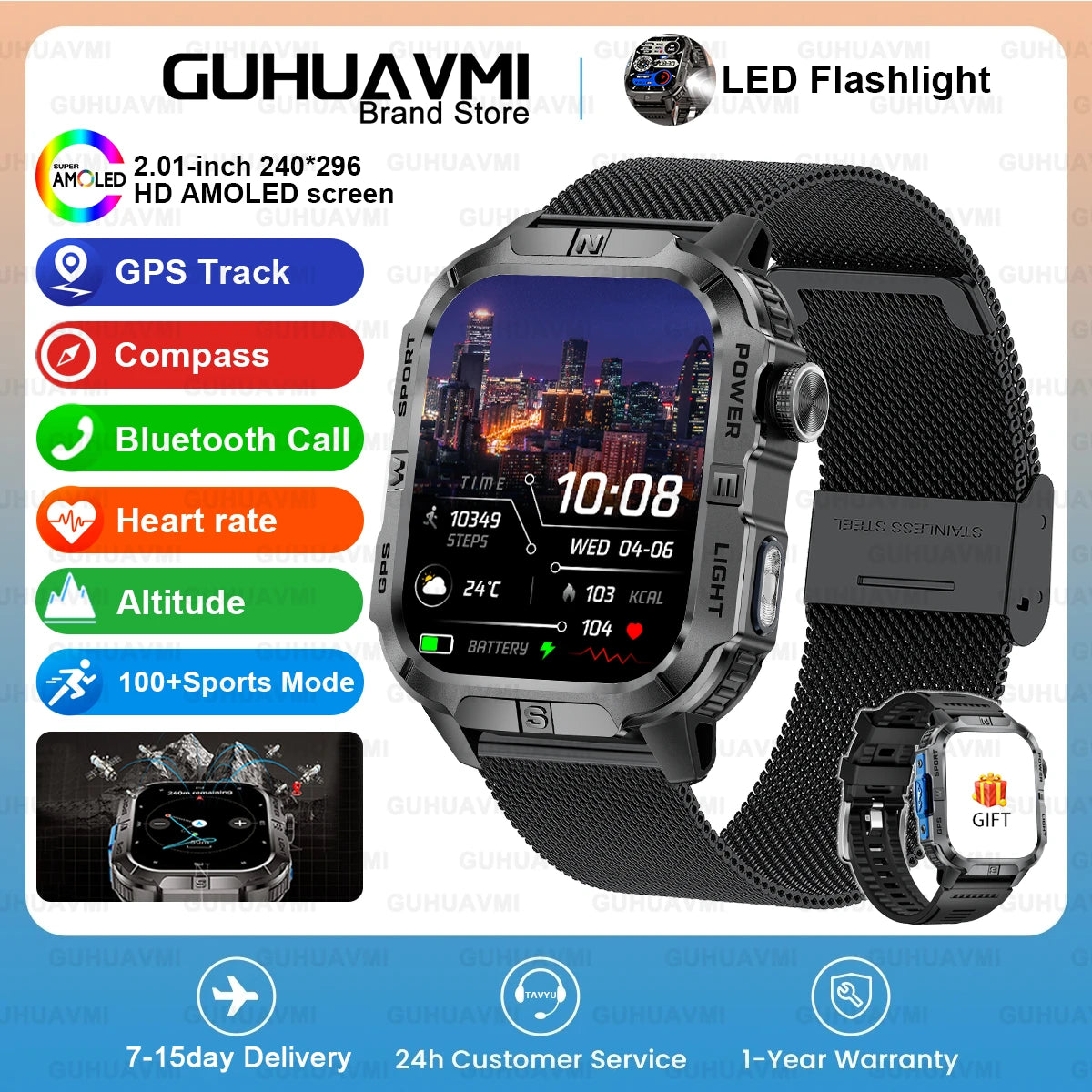 New Dual-Band Satellite GPS Smart Watch Men 2.01'' HD Screen Compass Military Flashlight Watches Waterproof Swim Smart Bracelet