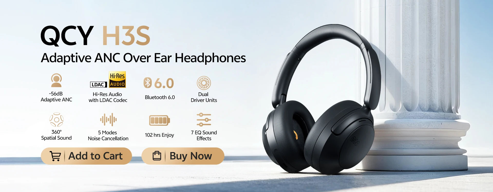 QCY H3S -56dB Adaptive ANC Over Ear Headphone Hi-Res LDAC Spatial Sound Wireless Earphone Bluetooth 6.0 Dual Driver 102H Headset