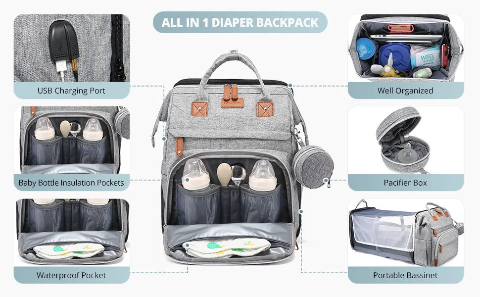 5In1 Diaper Bag Backpack Foldable Baby Bed Waterproof Bag with USB Charge Nappy Stroller Bag with Changing Bed 3Types for Travel
