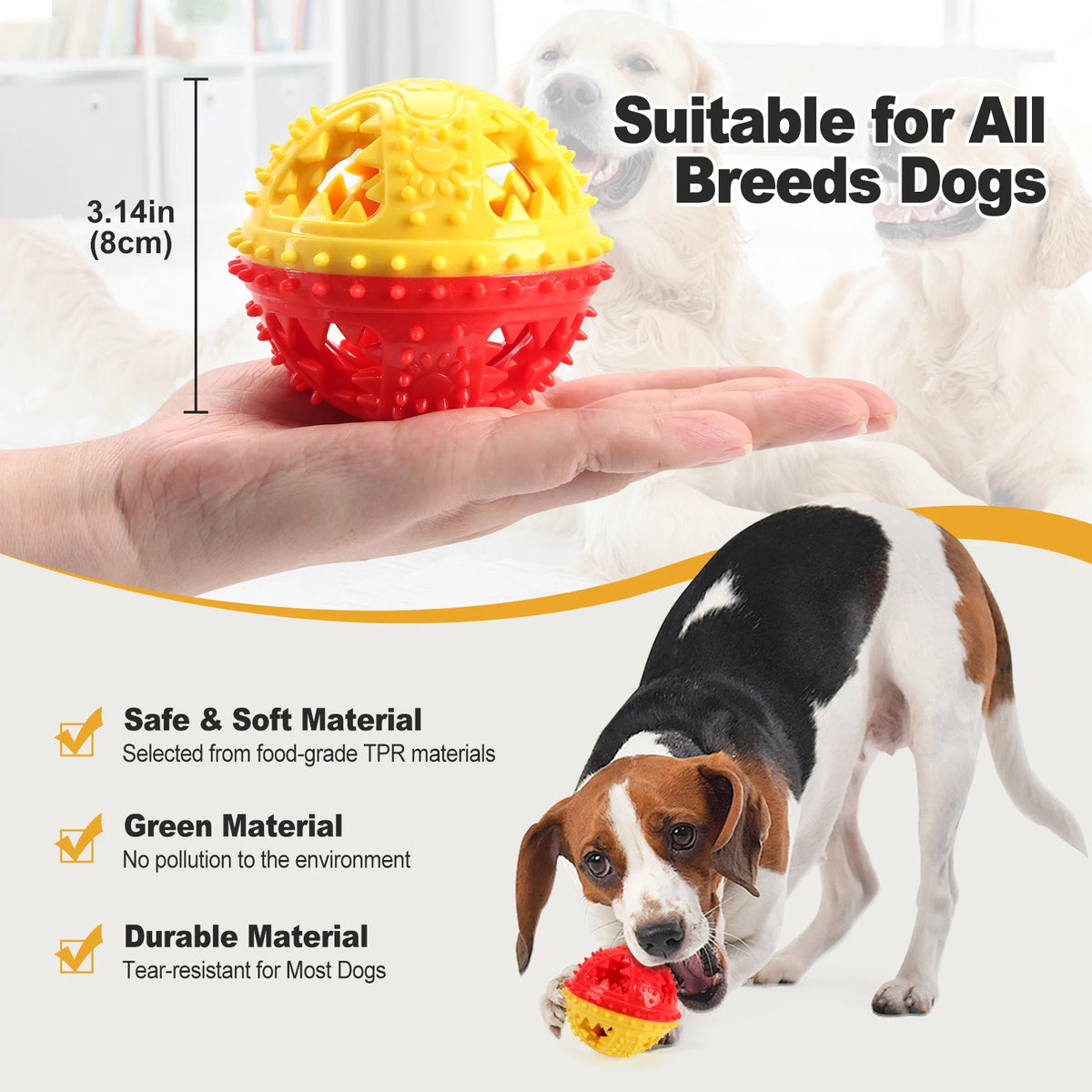 I YAN dog chew toy with leaking food ball, grinding teeth, and interactive sound features for pet training and dental cleaning.
