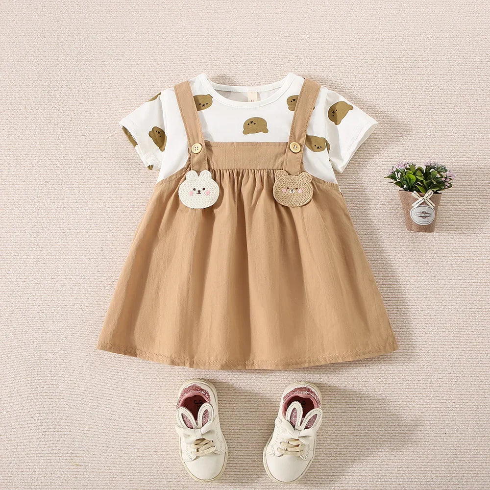 Summer baby girl cotton dress by I YAN with teddy bear print, short sleeves, and faux two-piece strap design, cute and comfortable.