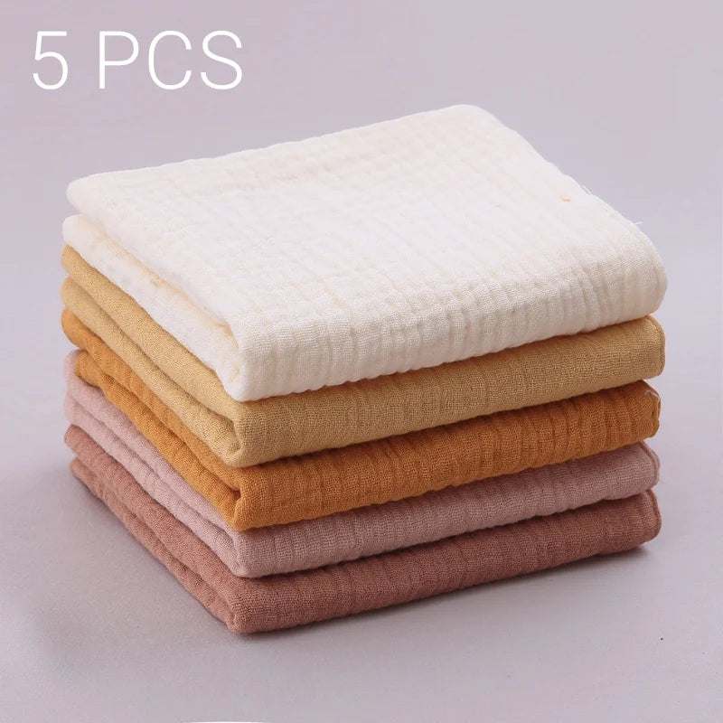 Set of 5 I YAN square cotton baby face towels and burp cloths, soft, absorbent, and gentle for feeding and cleaning babies.
