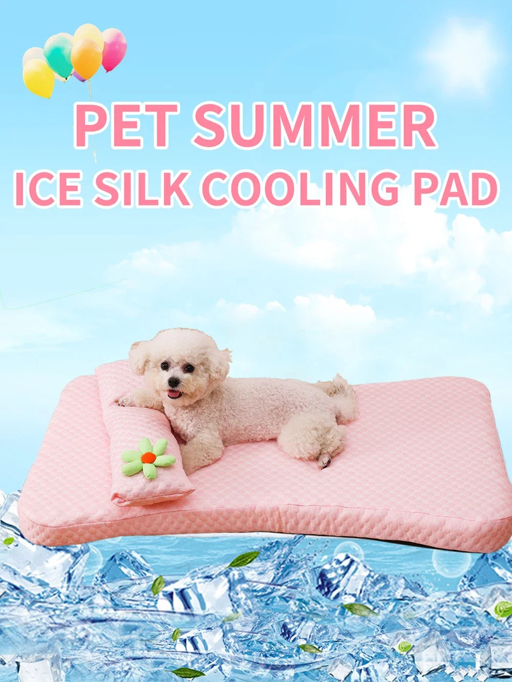 I YAN ice silk dog bed with cooling mat, thickened pet sofa cushion, elastic sponge design, includes pillow for medium dogs.