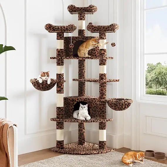 73" Corner Cat Tower — Multi-Level Fan-Shaped Cat Tree with Hammock, Condo & Sisal Posts for Large Cats