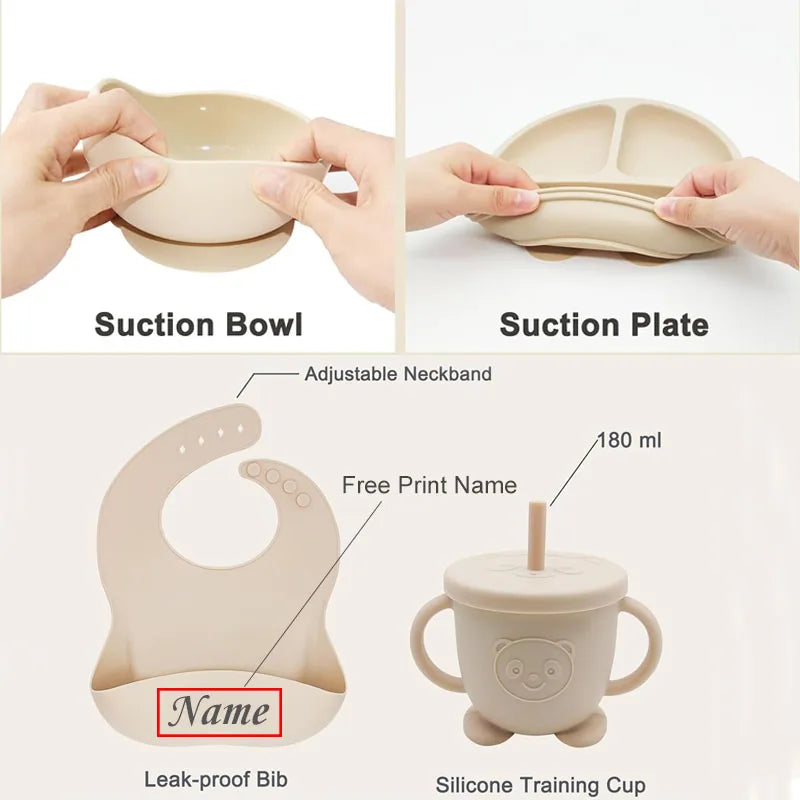 Personalized Baby Feeding Set 8-Piece – Silicone Plate Bowl Cup & Bib with Free Name Print - I YAN