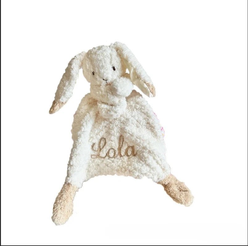 Personalized baby burp cloth by I YAN with cute rabbit embroidery, made from organic cotton, soft and soothing for newborns.