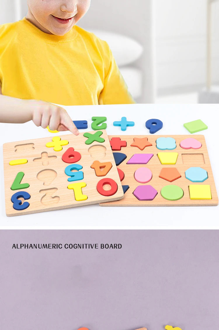 Wooden Montessori puzzle with alphabetic, arithmetic, number, and geometric shapes for preschool children by I YAN.