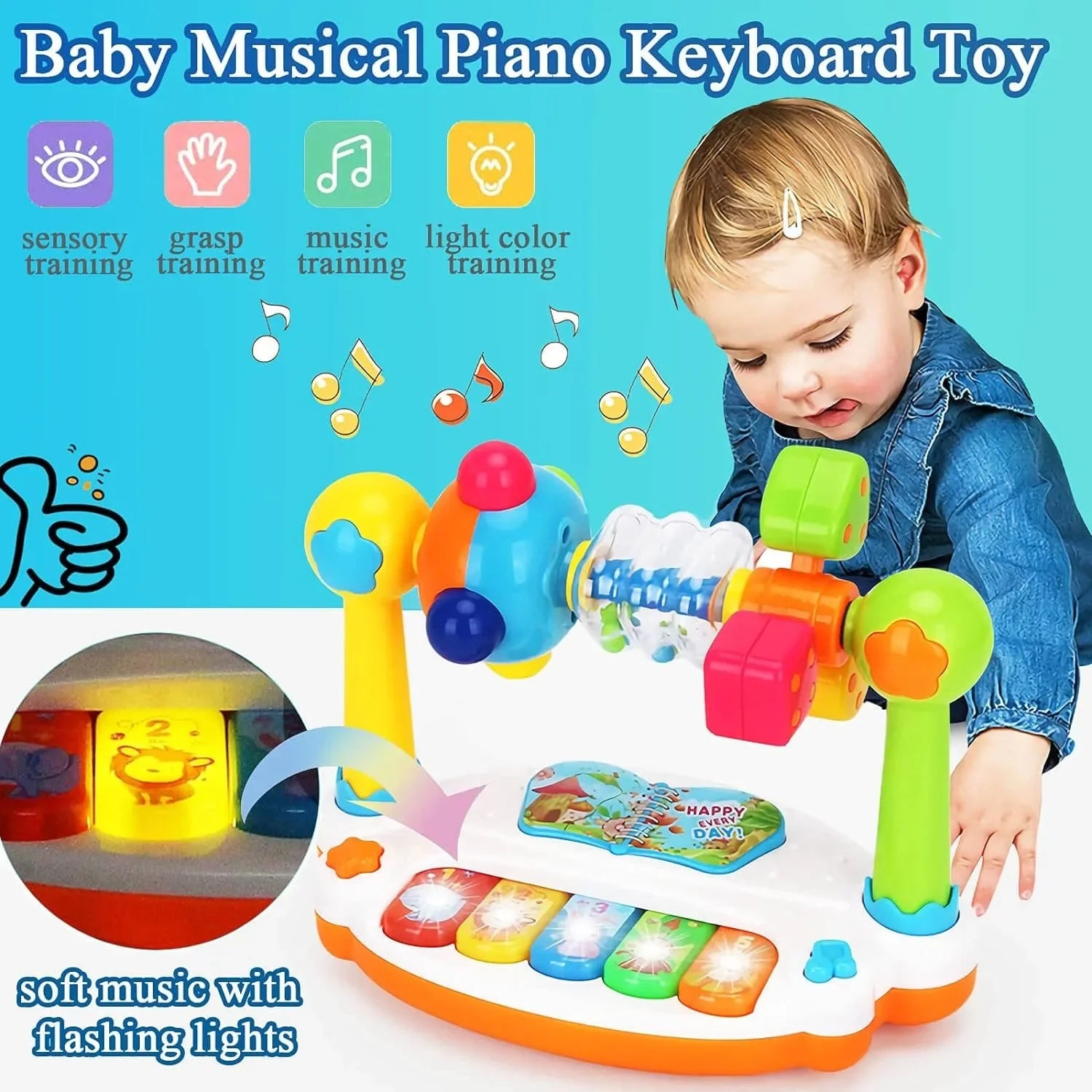 I YAN baby piano toy with rotating musical keyboard, colorful lights, and sound features for toddlers aged 4-6.