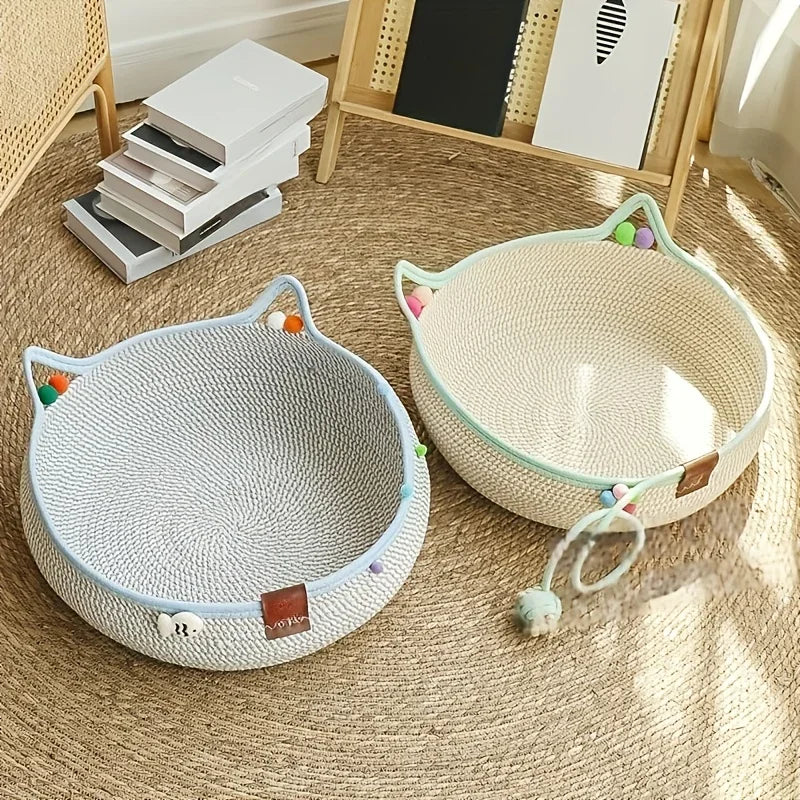 Round woven rattan cat bed by I YAN with cotton rope, perfect for summer cooling and scratching for small cats or kittens.
