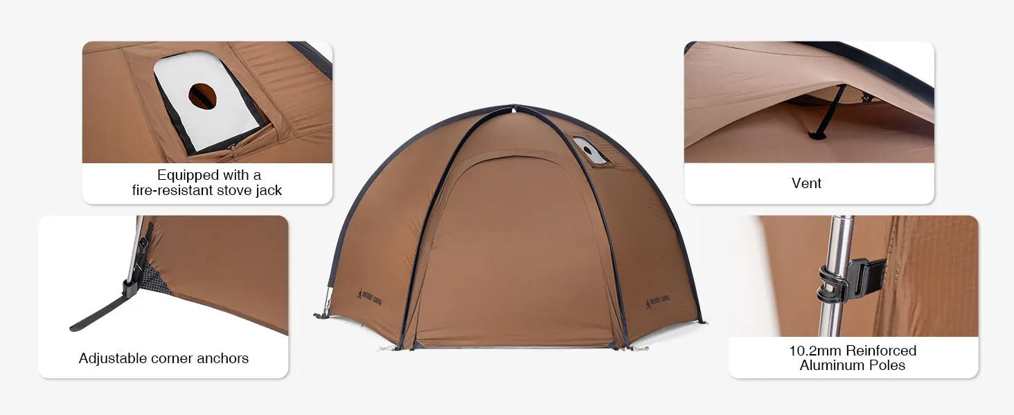 Coco Nest Solo Dome Tent with Stove Jack 3000mm Waterproof Camping Hot Tent with Mesh Inner for Bushcraft Glamping