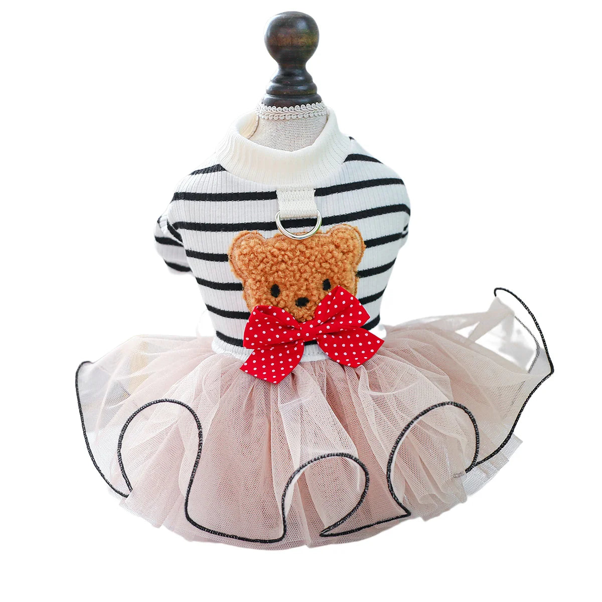 Small dog girl winter princess dress with stripe sweater, tutu skirt, bear bowknot, and cat pet costume by I YAN.