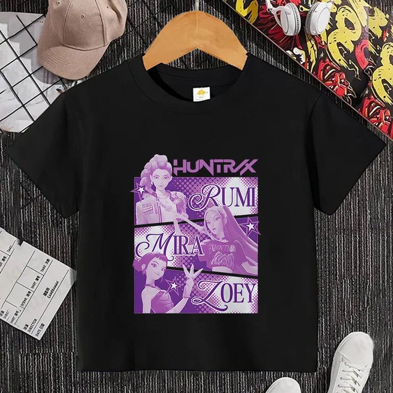 Kawaii K-POP Demon Hunters Kids T-shirt Girl Boy Clothes Children Clothing Fashion Tops Cotton Sweet Gift Short Sleeve Costumes