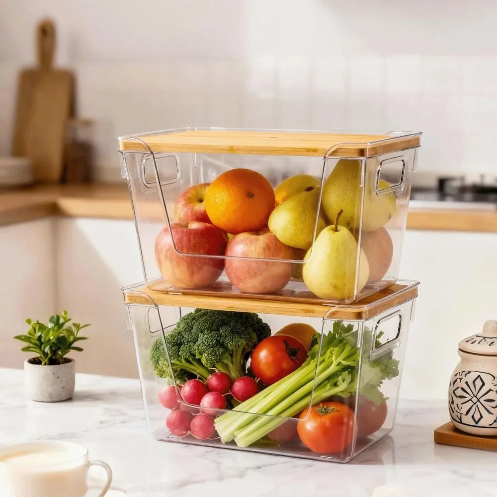 Stackable Pantry Organizers with Wooden Lids Kitchen Storage Clear Bins Under Sink Organizer for Onion Potato Fruit Vegetables