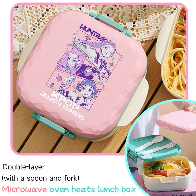 I YAN 800ml BPA-free K-pop lunch box with spoon and fork, microwave-safe portable container for students and office workers.