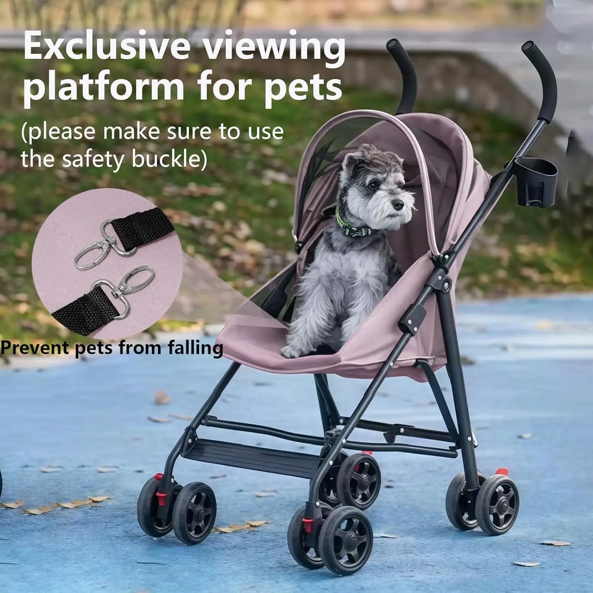 Pink I YAN small pet walk stroller with four wheels, foldable design, breathable mesh, cup holder for pets up to 15 lbs.