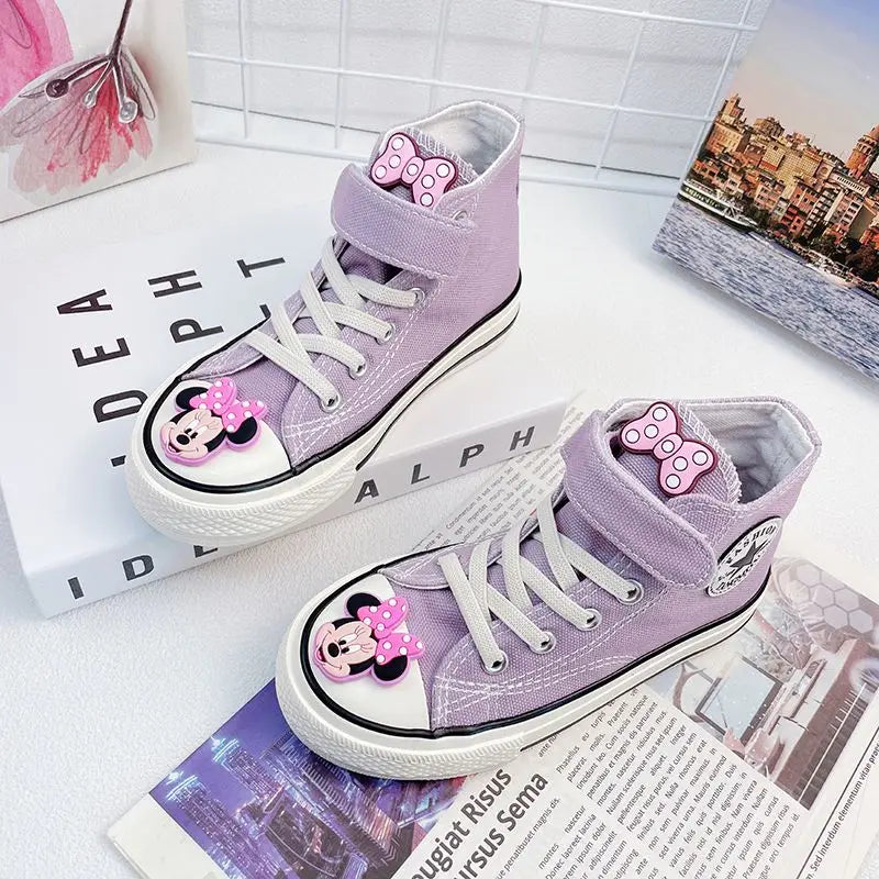 Disney Girls' Canvas Casual Shoes Soft Sole High Top Cartoon Mickey Mouse Minnie Purple White Breathable Shoes Flats Size 24-37
