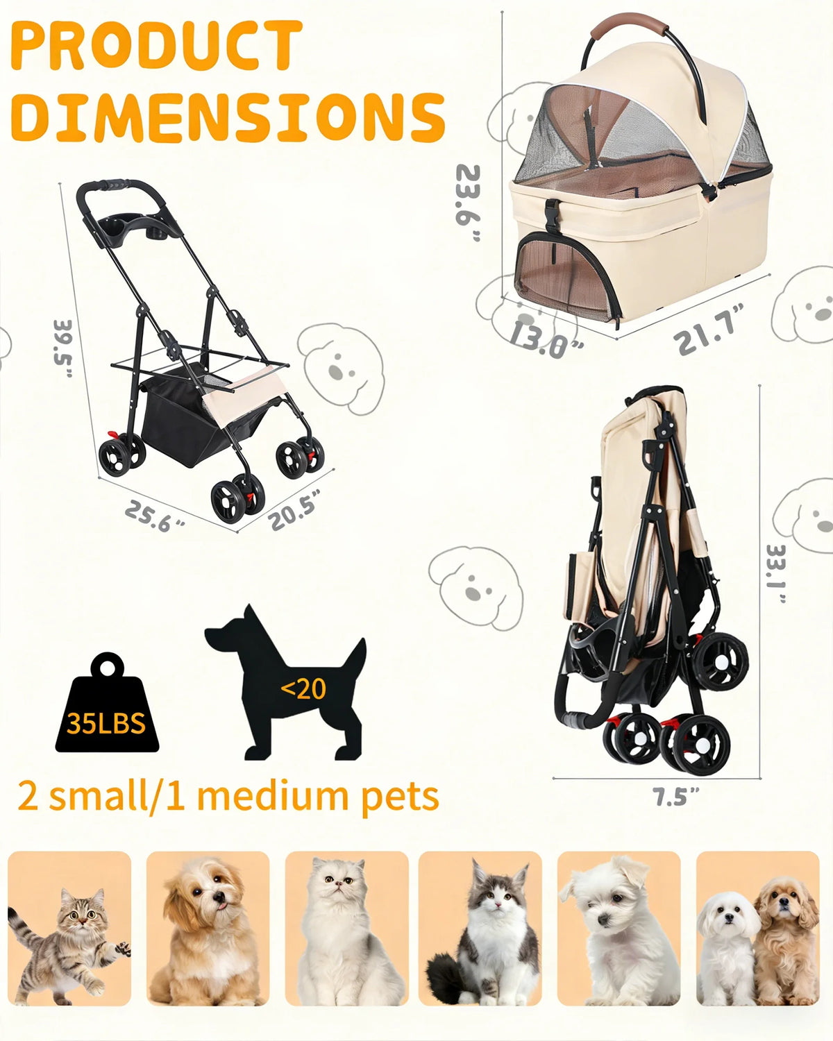 I YAN 2-in-1 pet stroller for small dogs and cats, foldable lightweight design with four wheels and removable carrier.