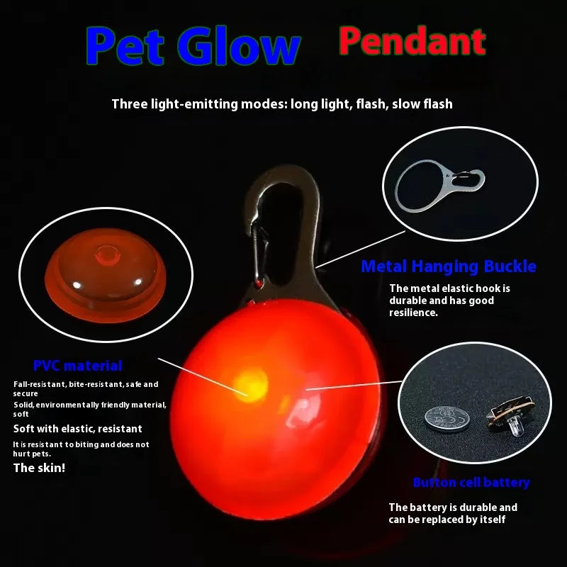 Luminous LED dog and cat collar with glowing pendant for night safety and decoration, featuring bright, glowing pet accessories.