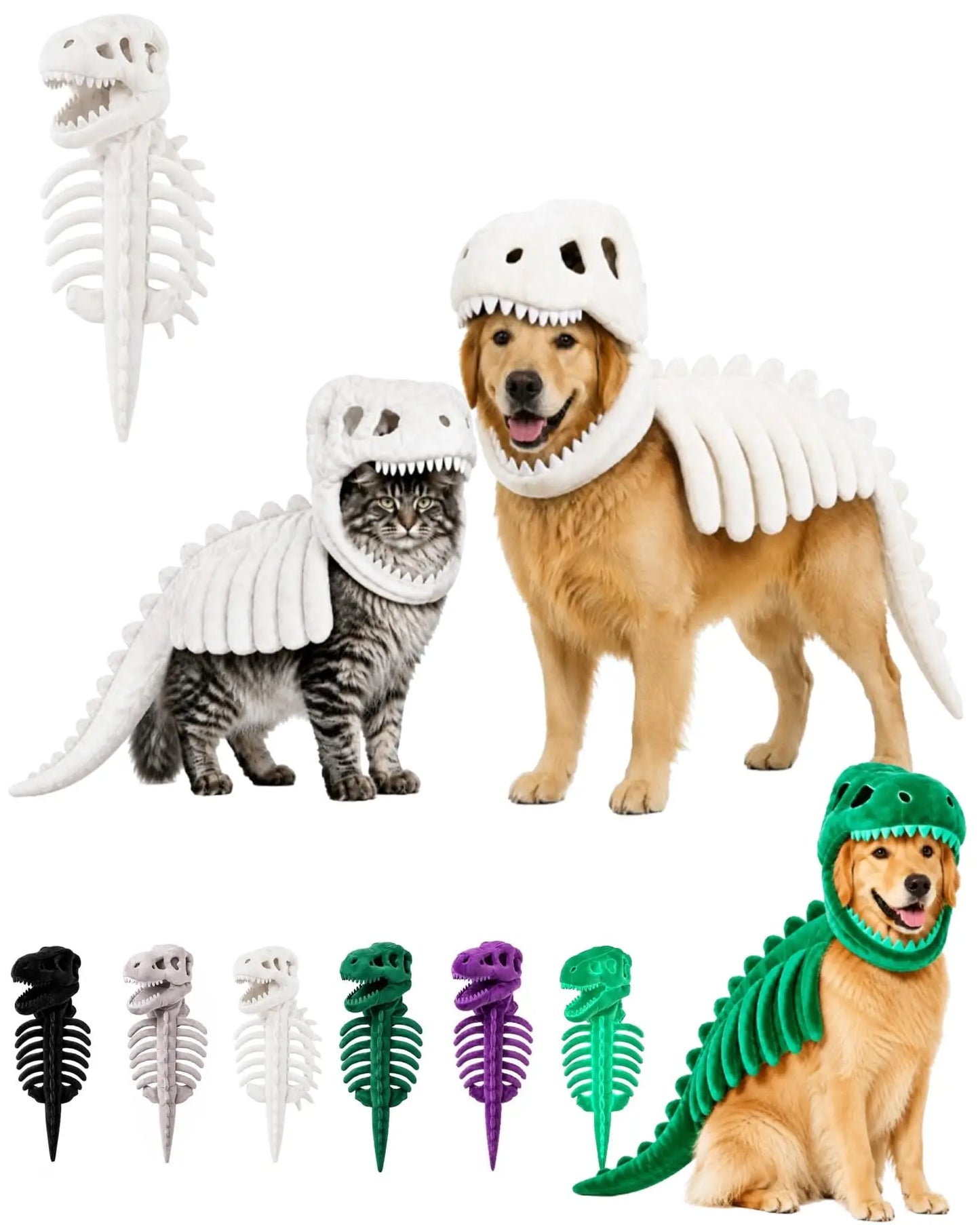 3D plush T-Rex dinosaur pet costume for cats and dogs, featuring a fun Halloween outfit by I YAN with detailed dinosaur design.
