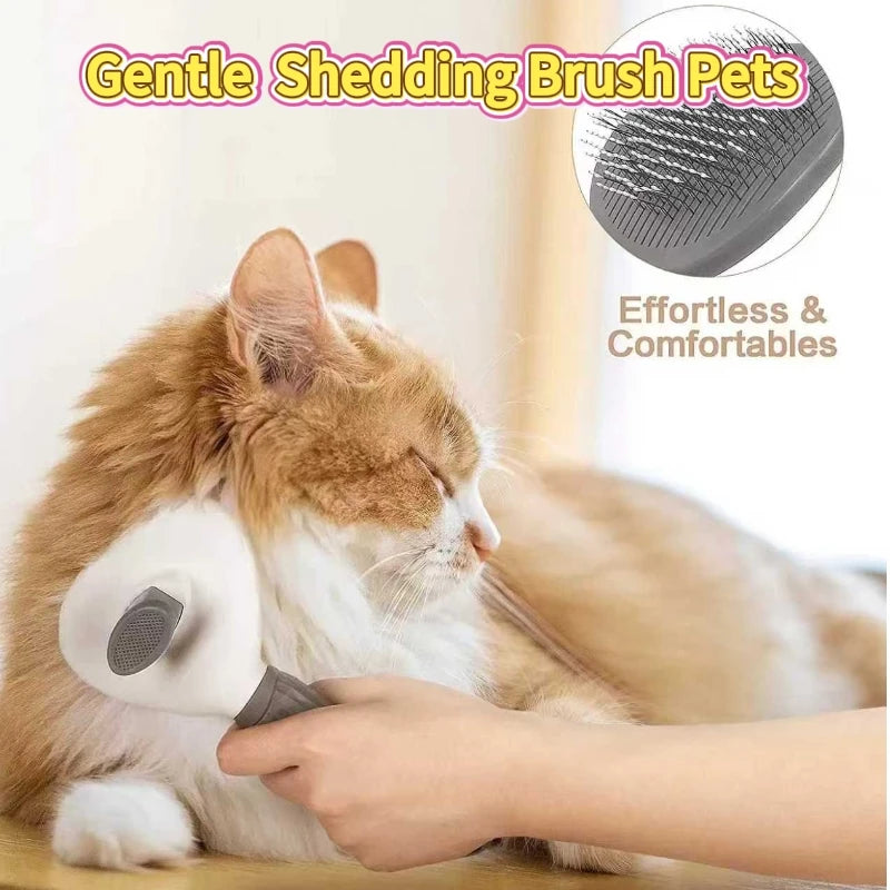 I YAN self-cleaning pet brush for dogs and cats, grooming comb with dematting and shedding removal features.