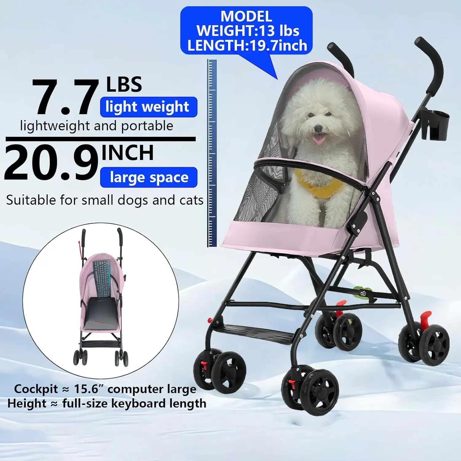 Small Pet Walks! Pink 4-Wheel Foldable Dog Stroller for 0-15 lbs Pets, Cup Holder, Breathable Mesh