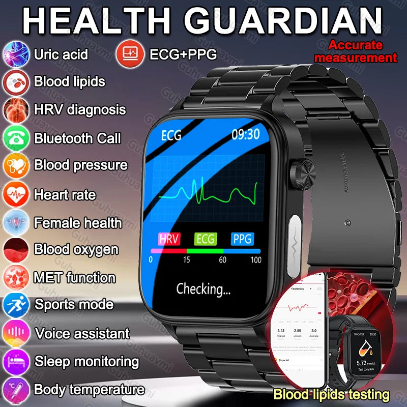 2026 New Blood lipids Uric Acid testing Smart Watch Men ECG+PPG Blood Pressure blood oxygen Bluetooth Call Health smartwatch iOS