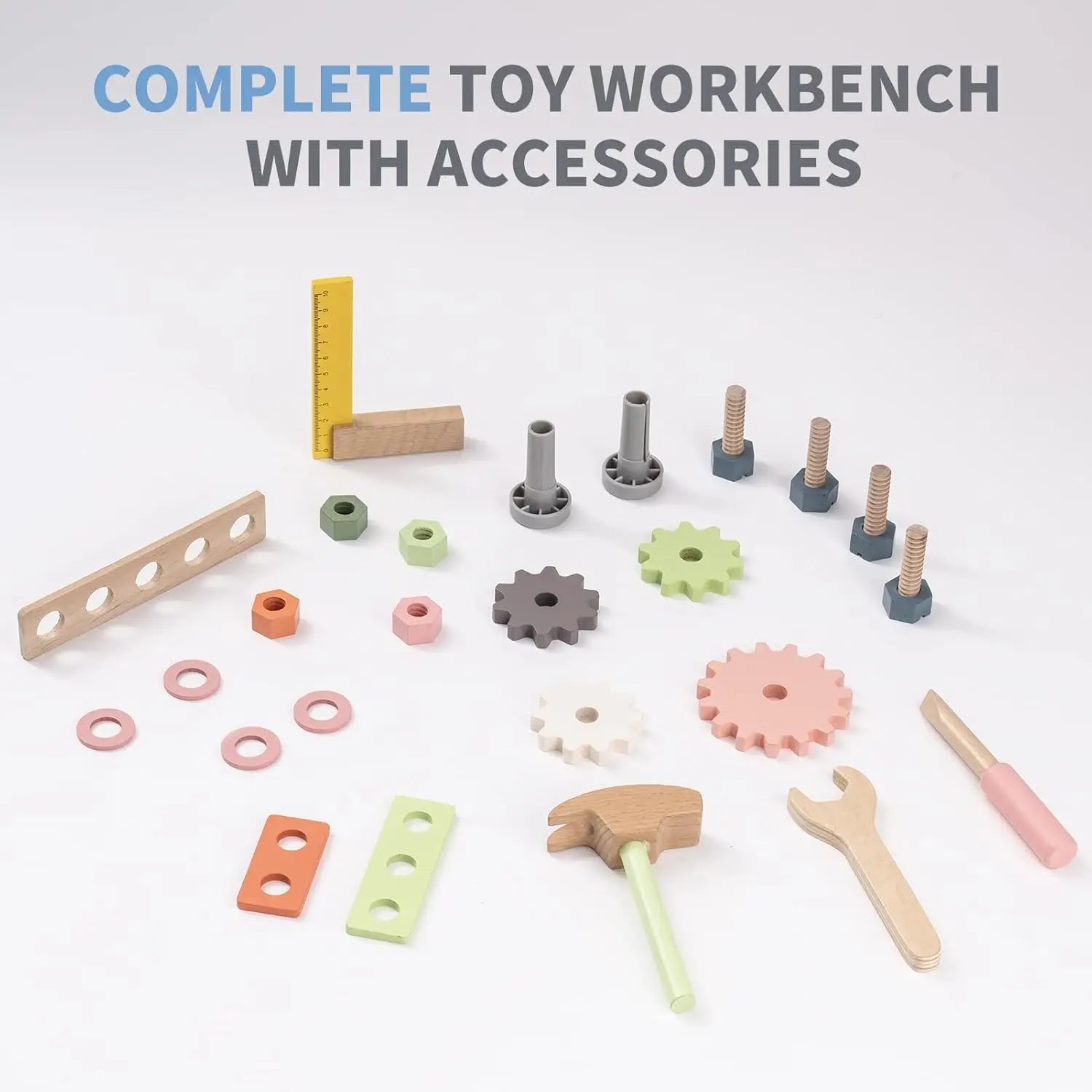 Mini wooden work bench from Robotime I YAN tool set with toy tools for boys and girls, ideal for pretend play and educational fun.