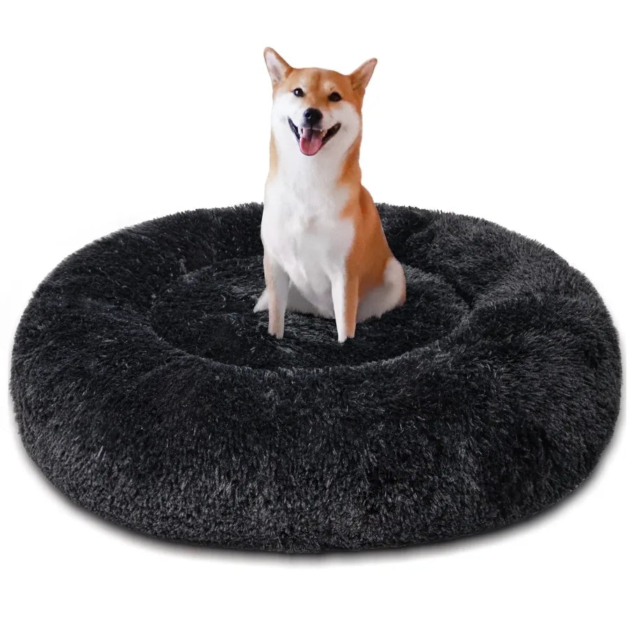 I YAN Calming Donut Pet Bed for small dogs, 20-inch pink rainbow plush cozy warming dog bed with anti-anxiety design
