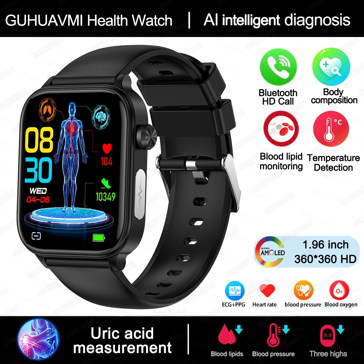 ECG+PPG Monitoring Smart Watch Women Blood pressure Blood Lipid Uric Acid Women Menstrual Health Tracker Smartwatches