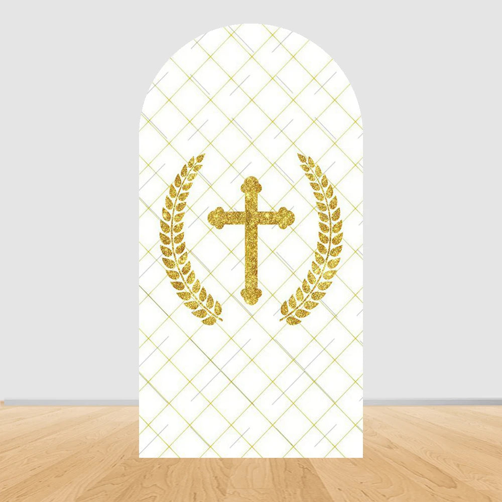 First Holy Communion Arch Backdrop Cover Boys Girls Christening God Bless Cross Green Leaves Decor Backgrounds for Photographs
