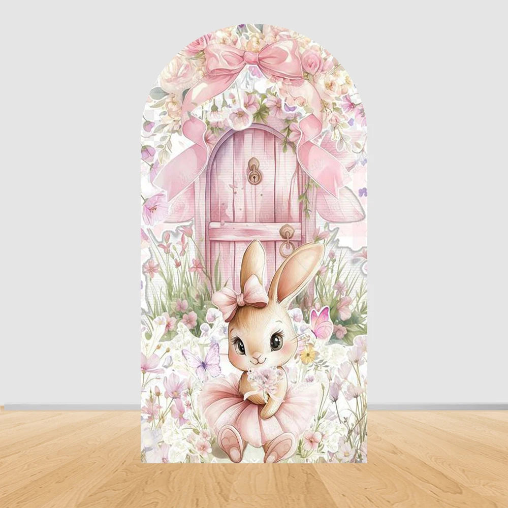 Pink Floral Bowknot Bunny Rabbit Arch Backdrop Cover Girl's Birthday Sweetheart Party Decor Photo Photography Background Props
