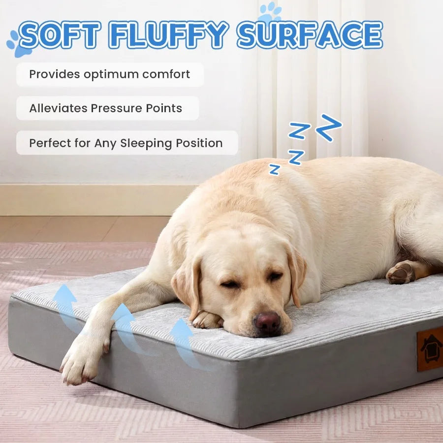 Orthopedic dog bed for large dogs with egg crate foam and washable waterproof cover by I YAN, showing the cozy, supportive bed.