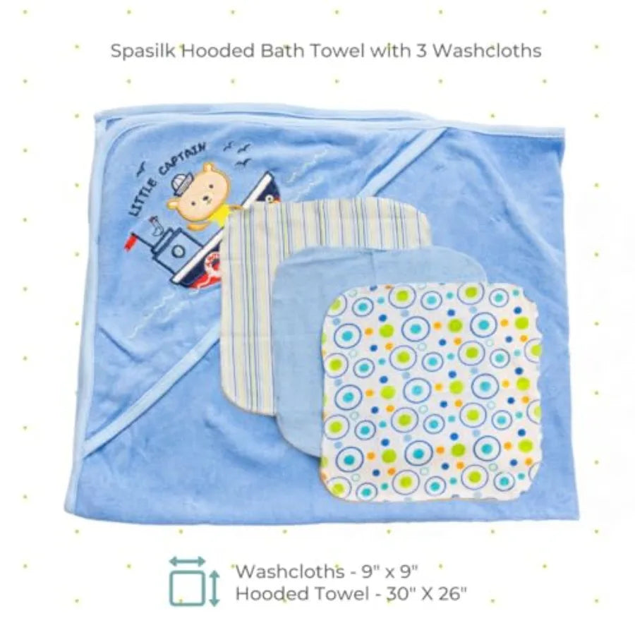 Blue hooded baby bath towel with matching washcloths set by I YAN, soft terry fabric, ideal for newborns.