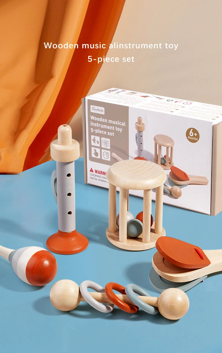 I YAN 5-piece baby musical instrument set with sensory rattles and percussion toys for early learning and sensory development.