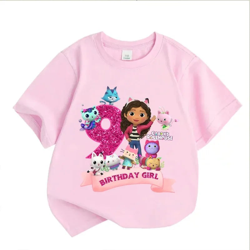 Gabbys Dollhouses Birthday Number T-shirt Girls White Pink Short Sleeve T-shirts Tops Cotton Summer Casual Party Supplies Tee