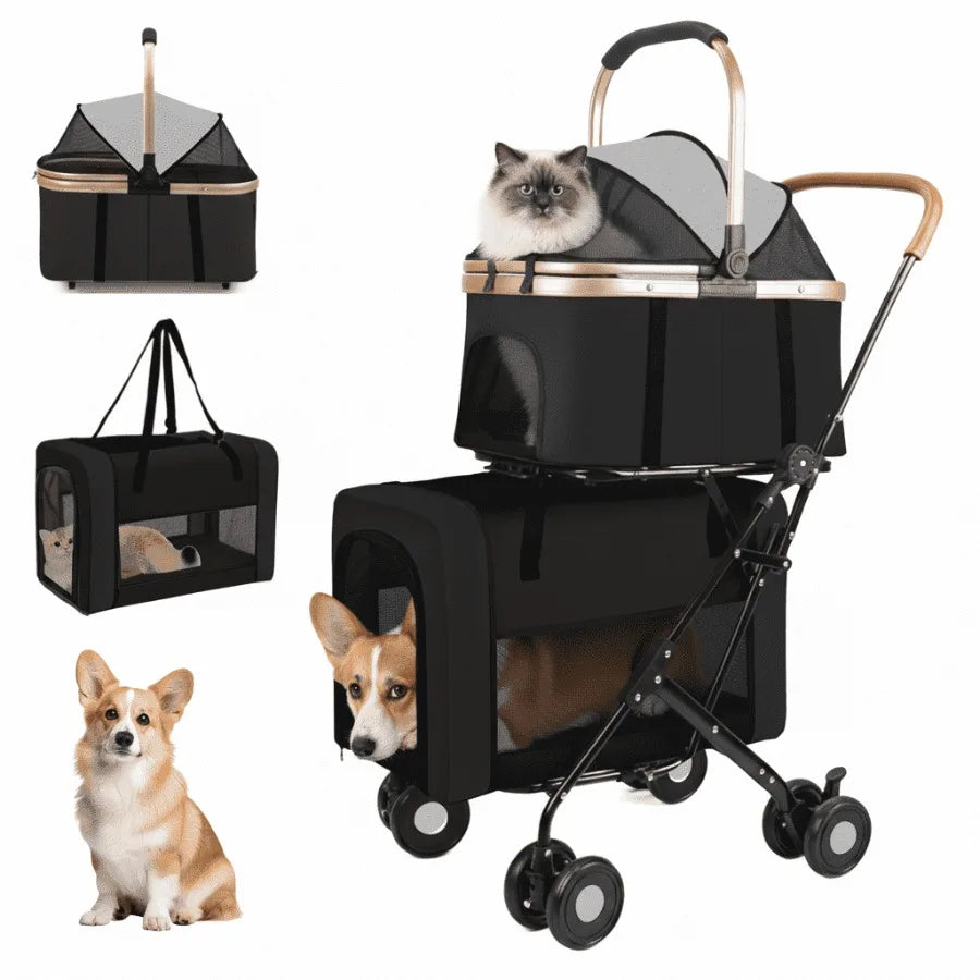 I YAN dual 4-in-1 pet stroller with foldable design, brown color, four wheels, suitable for medium dogs and cats up to 50lbs.