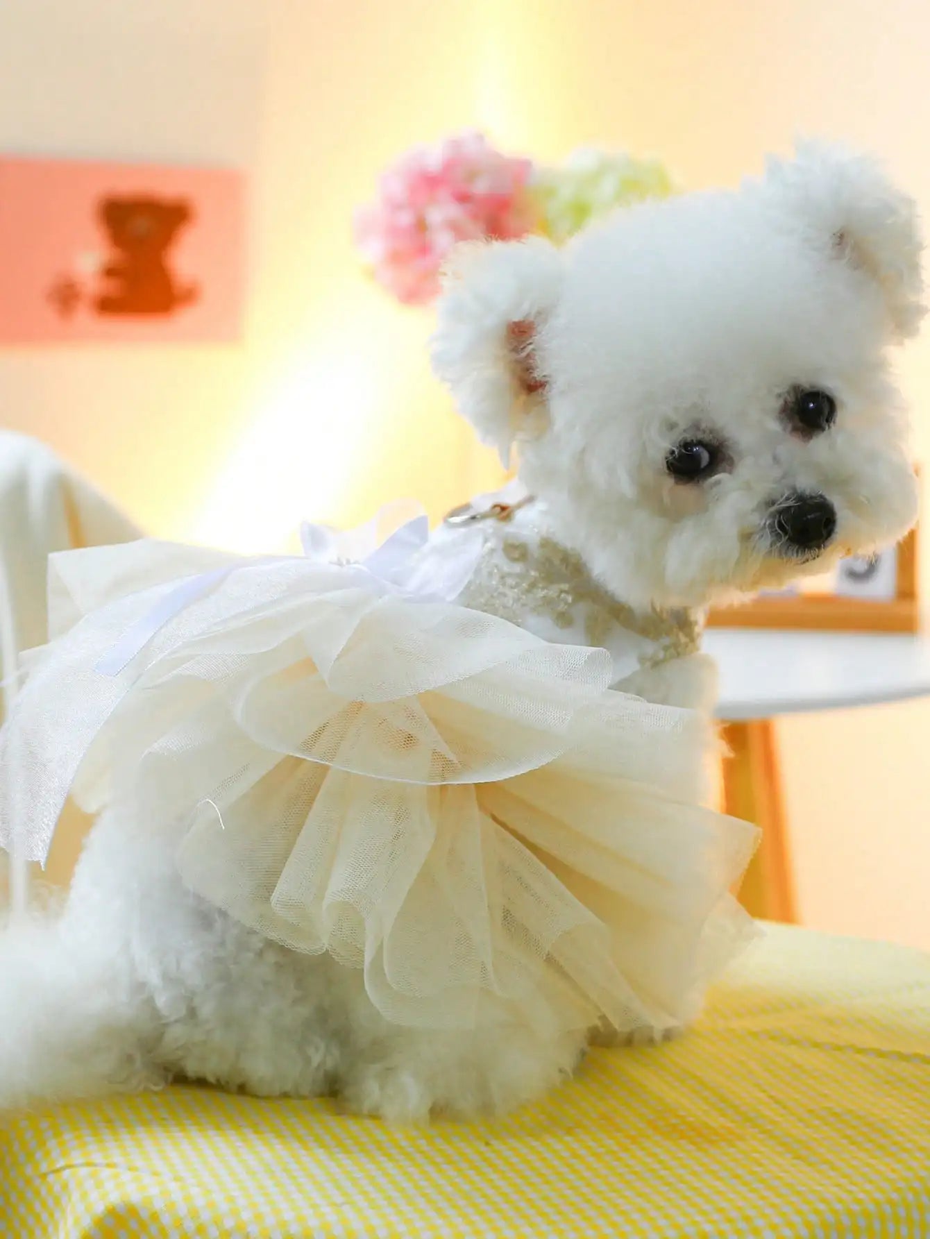 1Pc Luxury Pet Princess Wedding Dress Thin Spring Summer Outfit Gold Floral Embroidery Pearl Bow Decor Built-in D-ring For Traction Universal For Cats Dogs Elegant Party Costume Photo Prop Holiday Pet Gift