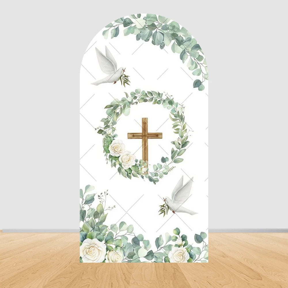 First Communion Arch Backdrop Cover Flowers God Bless Holy Cross Dove Girl Boy Baptism Baby Shower Decor Arched Background Props