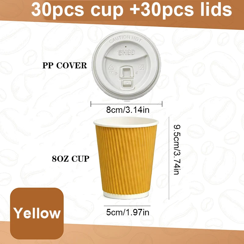 30pcs 8oz  Double-Walled Insulated Corrugated Cardboard Coffee Cups Thickened Disposable Striped Portable Paper Cups With Lids