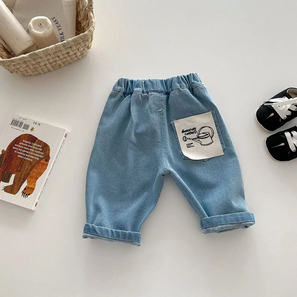 2026 Spring New 1-5Y Children Jeans Boys Denim Pants Mid Waist Girls Trousers Fashion Kids Plaid Pants