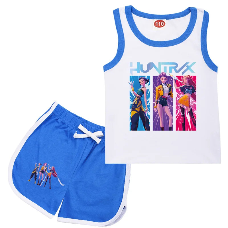 KPop Demon Hunters Rumi Teens Clothes Summer T shirt Baby Girls Sleeveless Vest Top Shorts 2pcs Set Children Clothing 1-13 Years