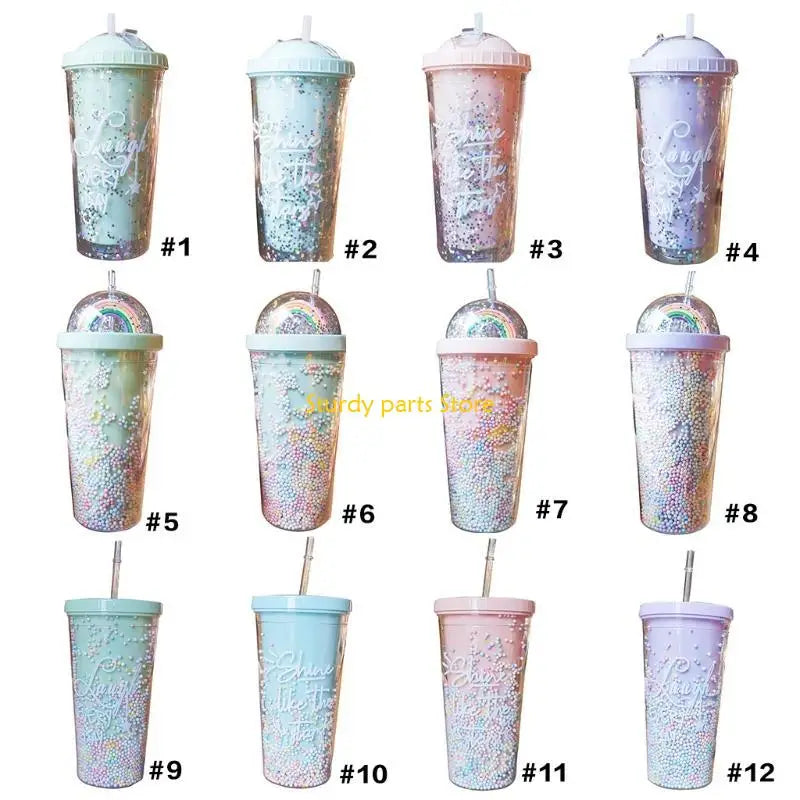 97QC 550ml Rainbow Plastic Water Bottle Double Layer Sequins Drinking Cup with Straw